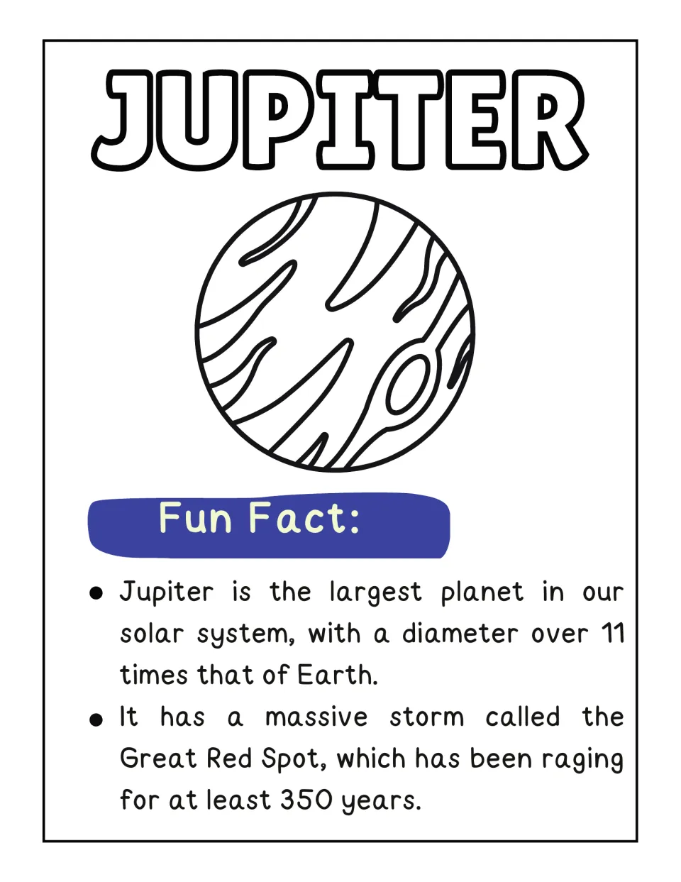 Jupiter fun facts: students color the planet and read about its huge diameter and the Great Red Spot storm