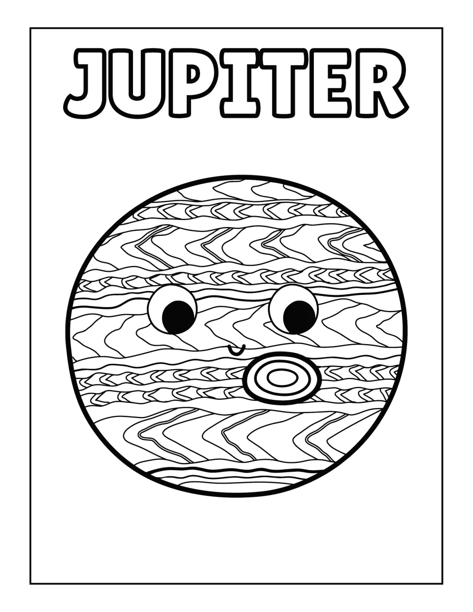 Cartoon Jupiter with a face: students color a detailed zigzag-banded planet with googly eyes and a swirled storm spot