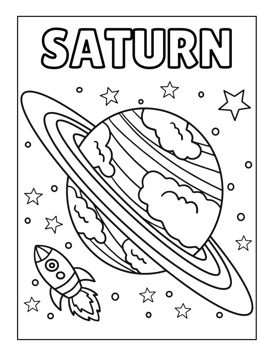 Saturn scene to color: students color the ringed planet with cloud swirls, a rocket ship and stars in space