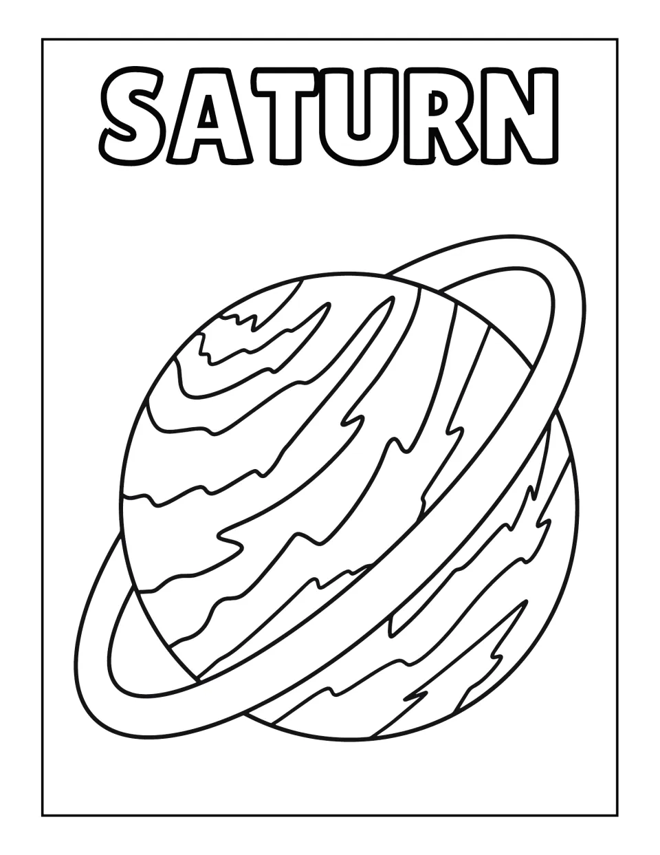 Saturn coloring page: students color one large tilted planet with wavy bands and a single wide ring