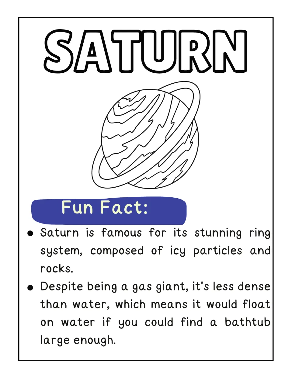Saturn fun facts: students color the planet and read that its rings are ice and rock and it is less dense than water