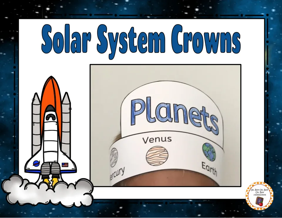 Solar System Crowns cover showing a child wearing a colored Planets headband with Mercury, Venus and Earth on it