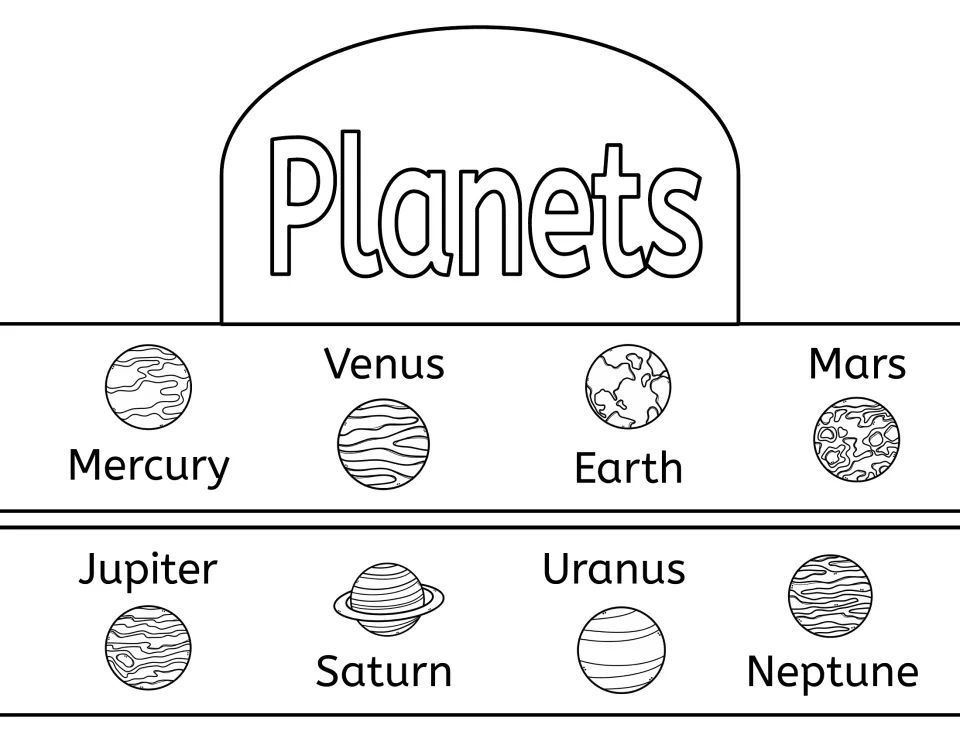 Planets crown: students color all eight in order across two bands, from Mercury out to Neptune