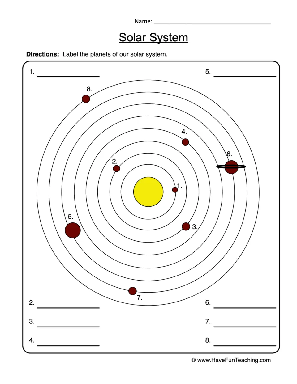 Solar System diagram labelling: students name the 8 numbered planets orbiting the Sun, writing each name on blanks 1 to 8