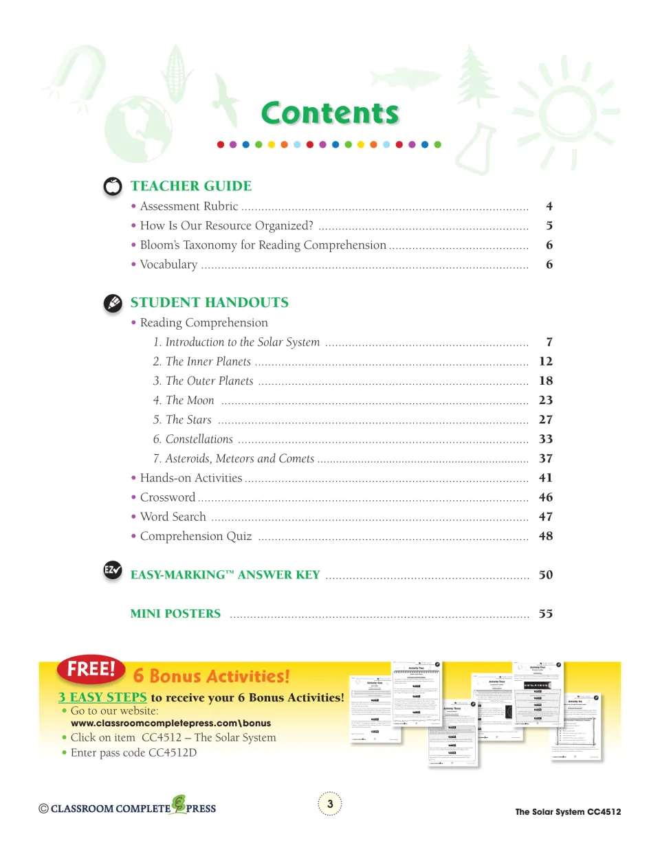 Table of contents: teacher guide, 7 reading sections, hands-on activities, puzzles, quiz, answer key and mini posters