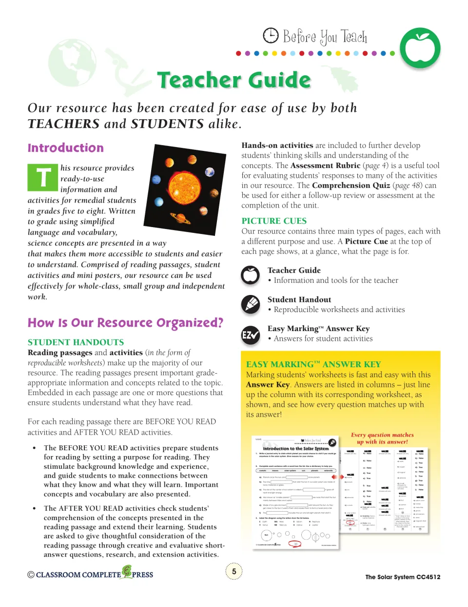 Teacher guide: how reading passages, before and after you read activities, picture cues and the answer key work