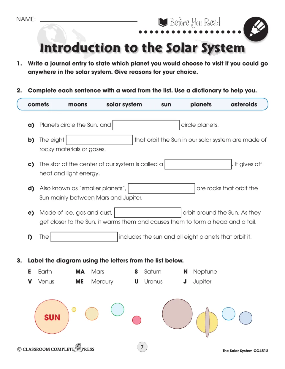 Before You Read for section 1: choose a planet to visit, fill in words like comets and asteroids, label the planets