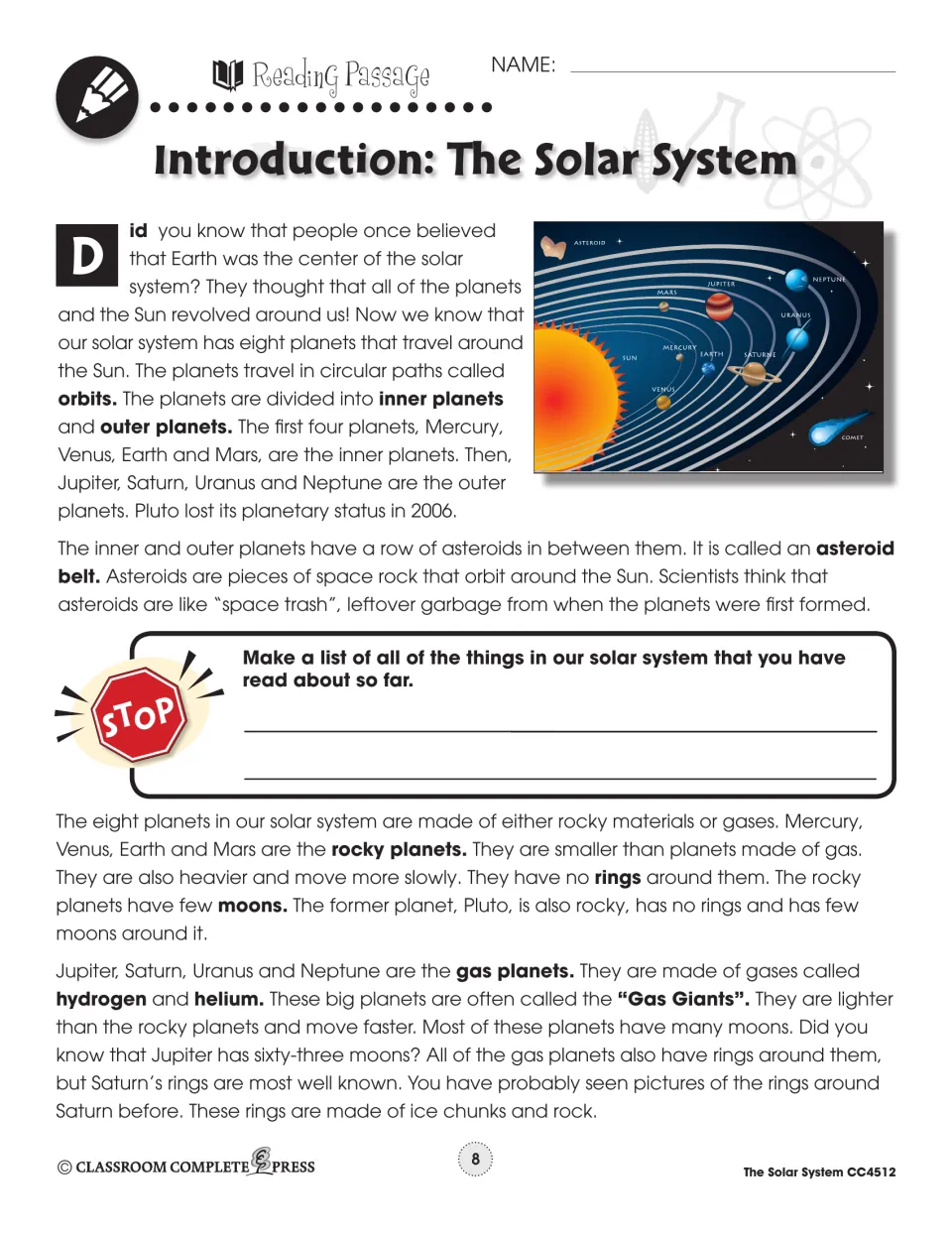 Reading passage on the solar system: orbits, inner and outer planets, the asteroid belt and gas giants