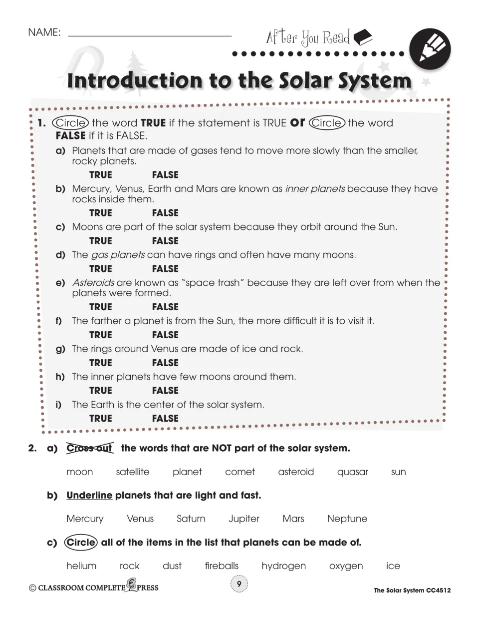 After You Read: 9 true-or-false statements on the planets, plus cross out, underline and circle word tasks