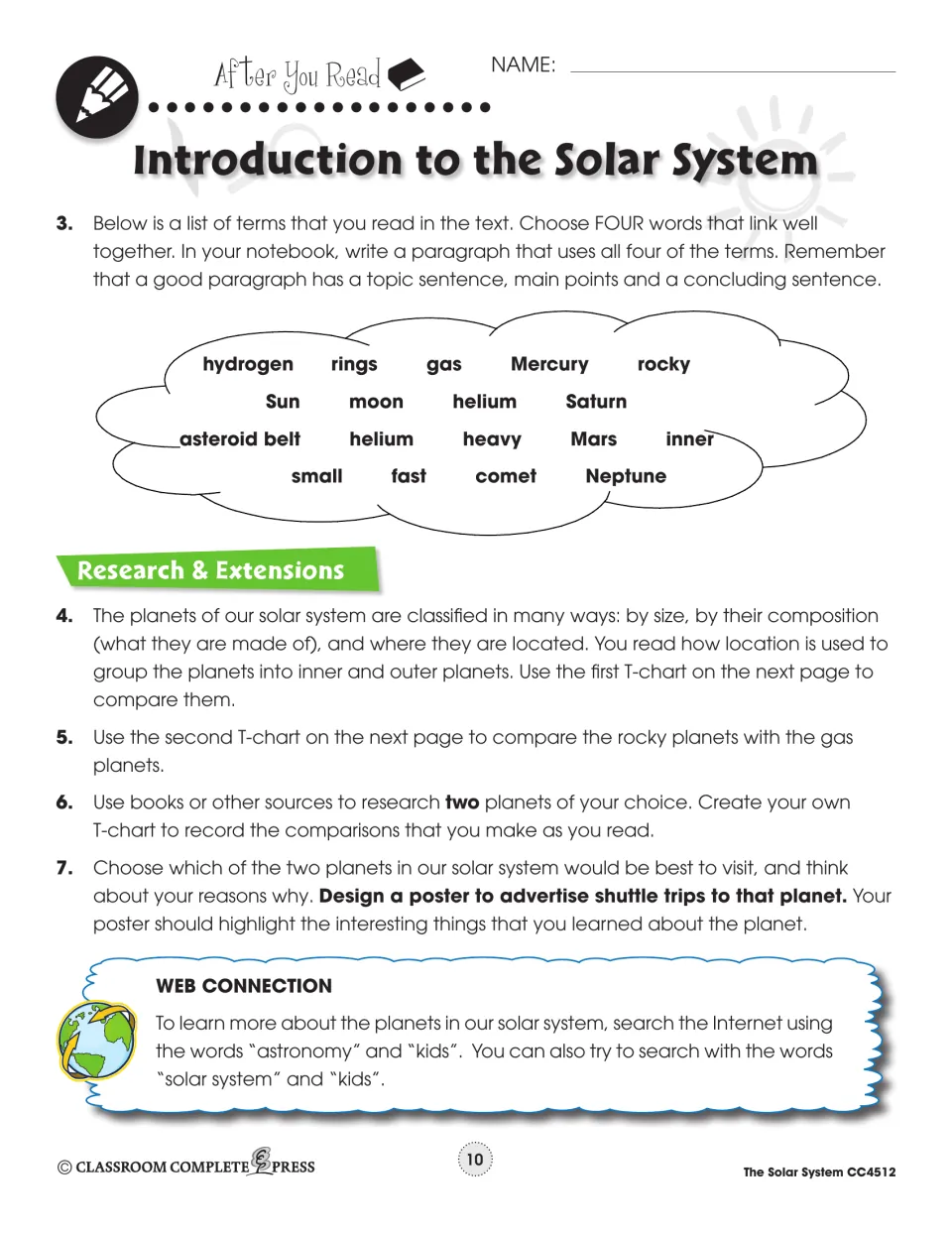 After You Read: write a paragraph using four listed terms, compare planets in T-charts, make a shuttle trip poster