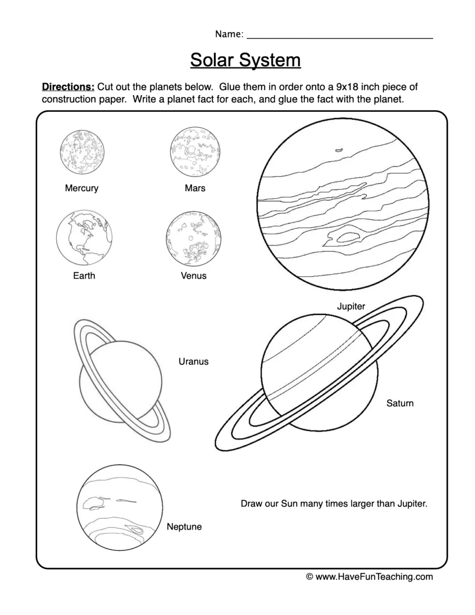 Solar System: students cut out the eight planets, glue them in order and draw the Sun many times larger than Jupiter