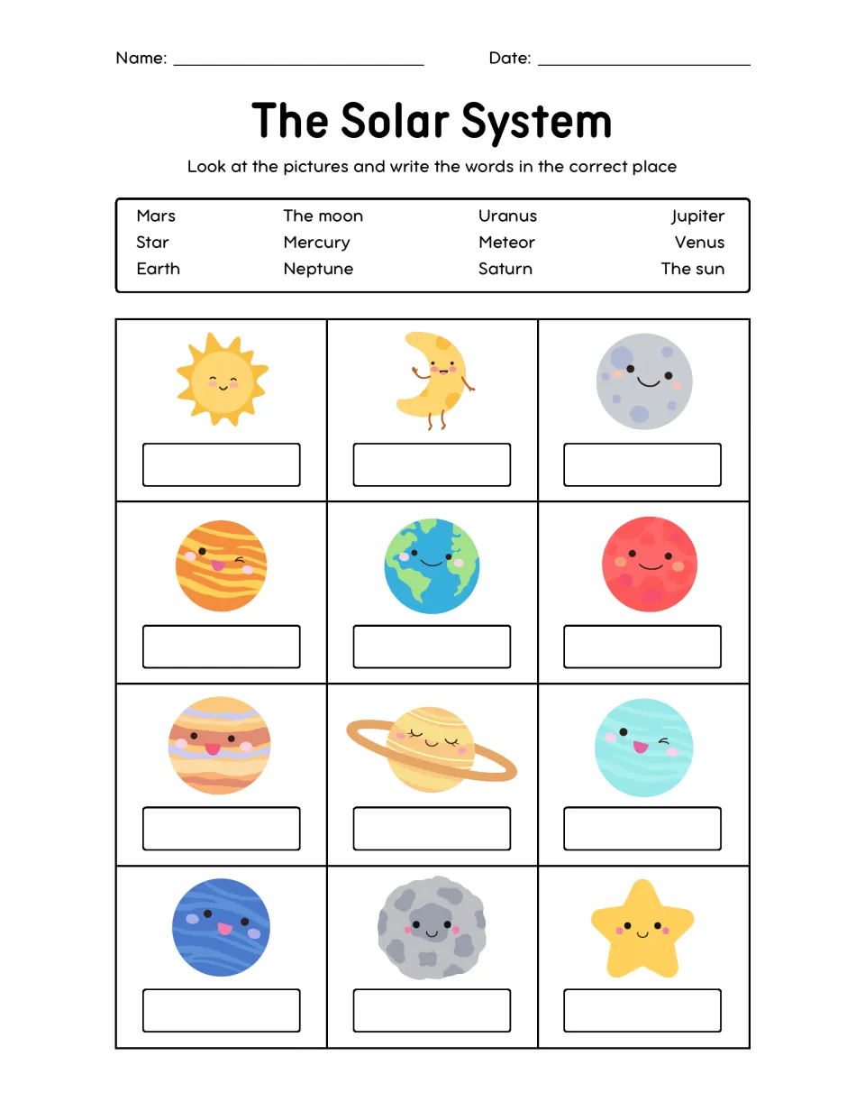 Solar system labeling: students write Mars, Saturn, the moon, a meteor, a star and more under 12 cartoon space pictures