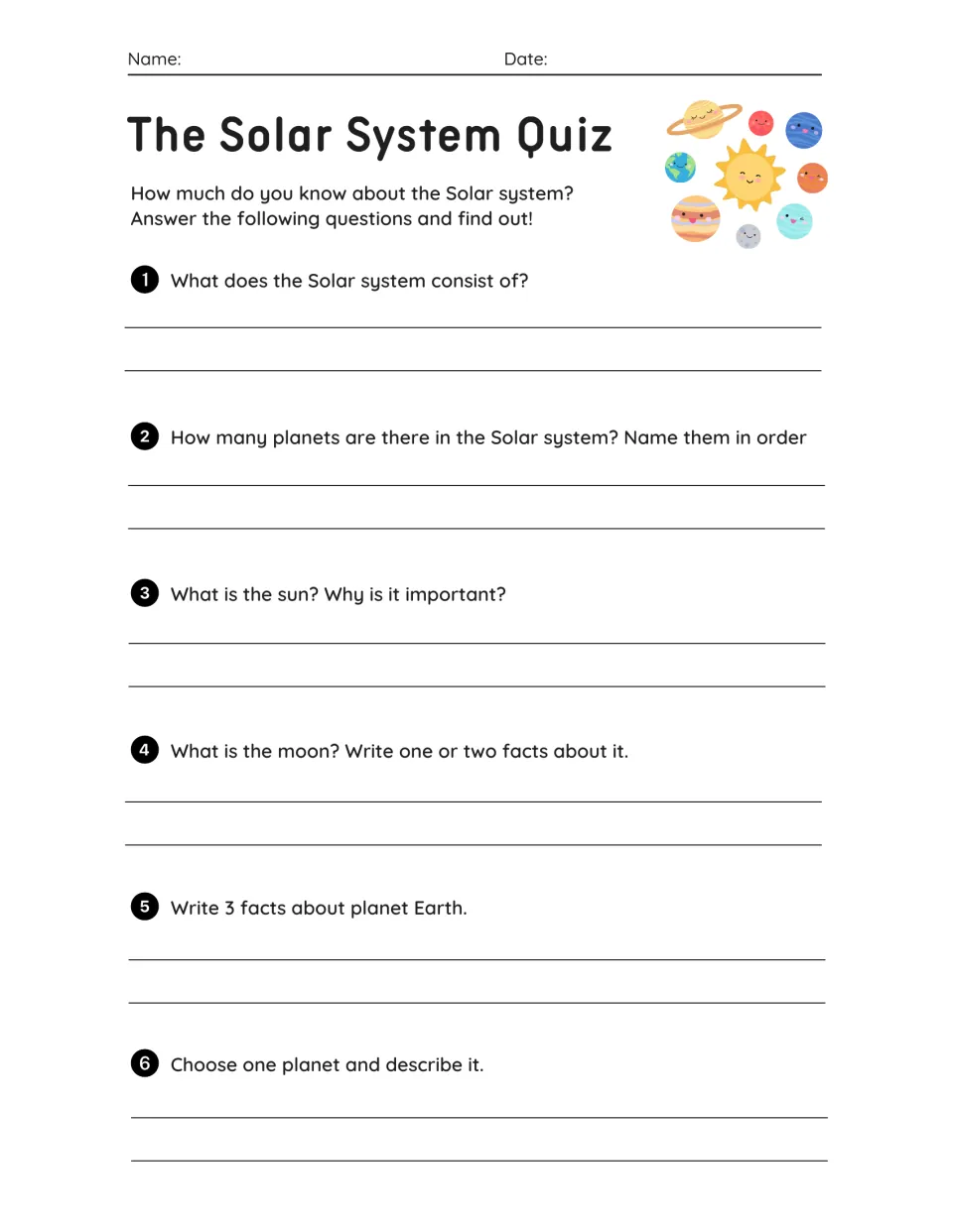 Solar System Quiz: six written-response questions on what the system holds, planet order, the sun, the moon and Earth