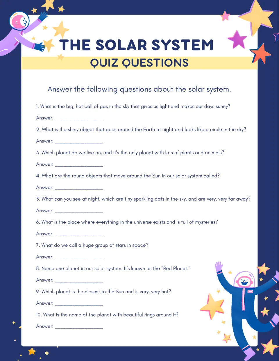 Solar system quiz questions: students answer 10 riddle-style clues about the sun, moon, stars, galaxy and Red Planet