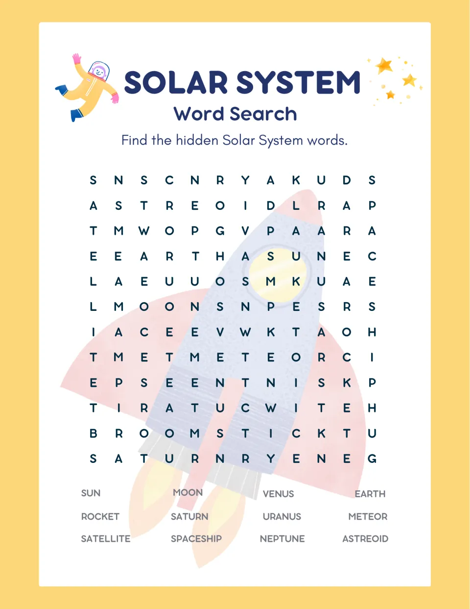 Solar system word search: students find 12 hidden space words such as rocket, satellite, spaceship, Neptune and meteor