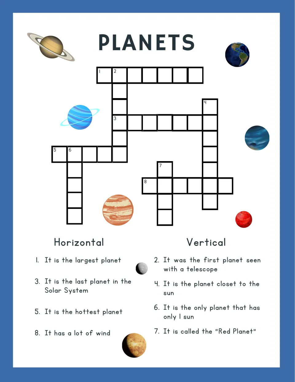 Planets crossword: students solve eight across and down clues such as the largest planet, hottest planet and Red Planet