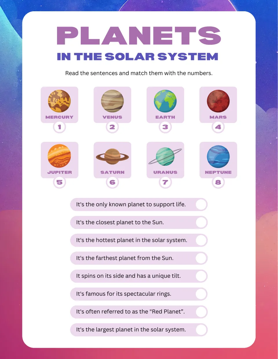Planets in the solar system matching: students number eight fact sentences to the planets Mercury through Neptune
