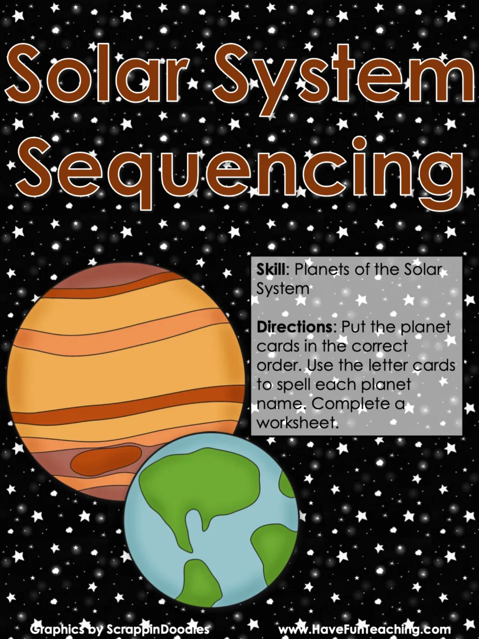Solar System Sequencing cover: students order planet cards, spell each planet with letter cards, then complete a worksheet