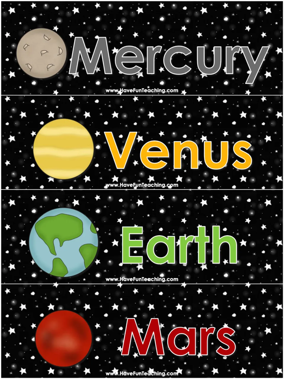 Planet cards on a starry background for Mercury, Venus, Earth and Mars, each with a picture; students put them in order