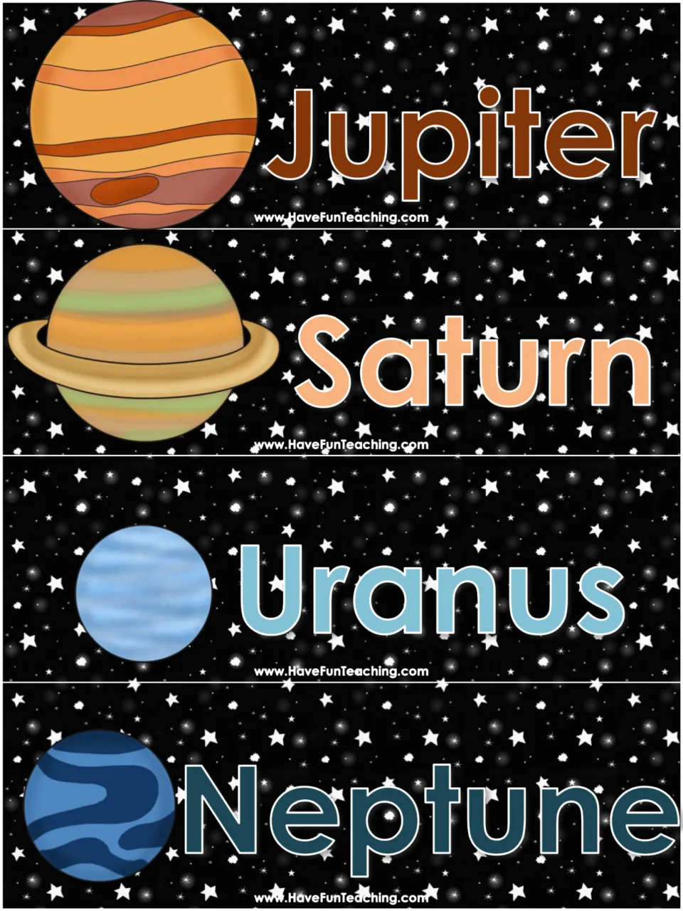 Planet cards on a starry background for Jupiter, Saturn, Uranus and Neptune with pictures, for sequencing the outer planets