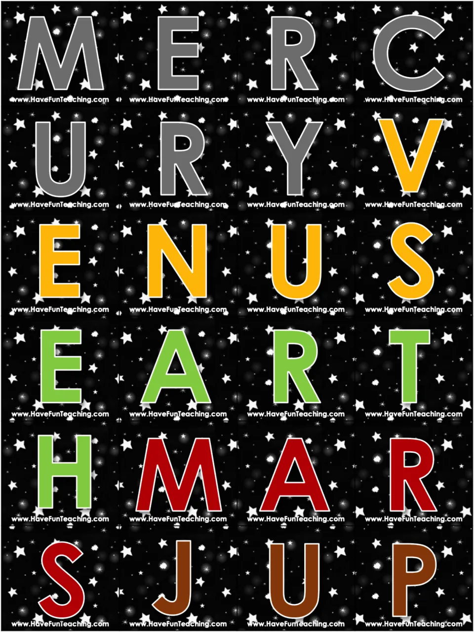 Color letter cards, cut-out pieces spelling MERCURY, VENUS, EARTH, MARS and the J U P of JUPITER for planet spelling