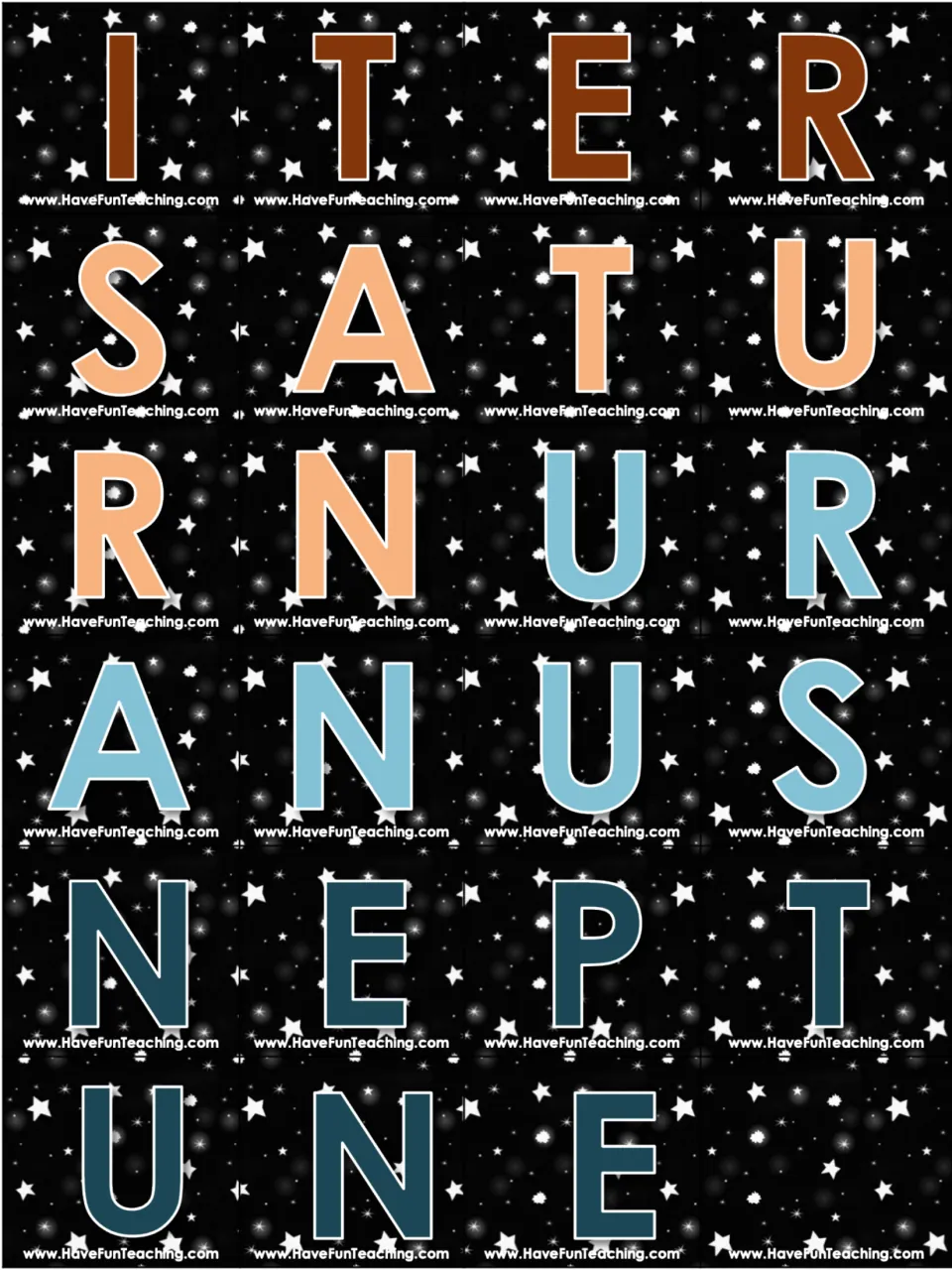 Color letter cards, cut-out pieces finishing JUPITER (I T E R) and spelling SATURN, URANUS and NEPTUNE