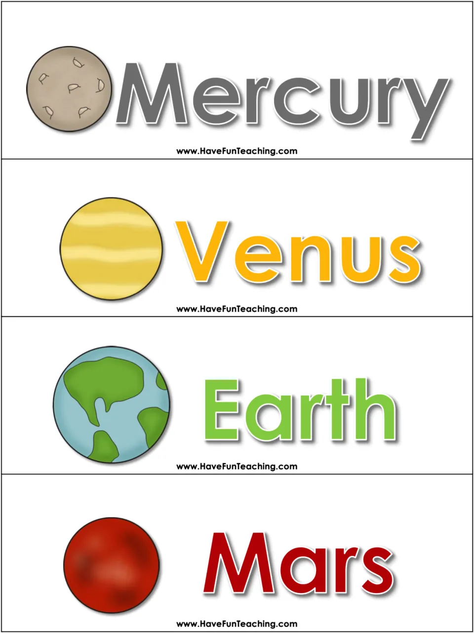 White-background planet cards for Mercury, Venus, Earth and Mars with pictures, low-ink set for ordering planets