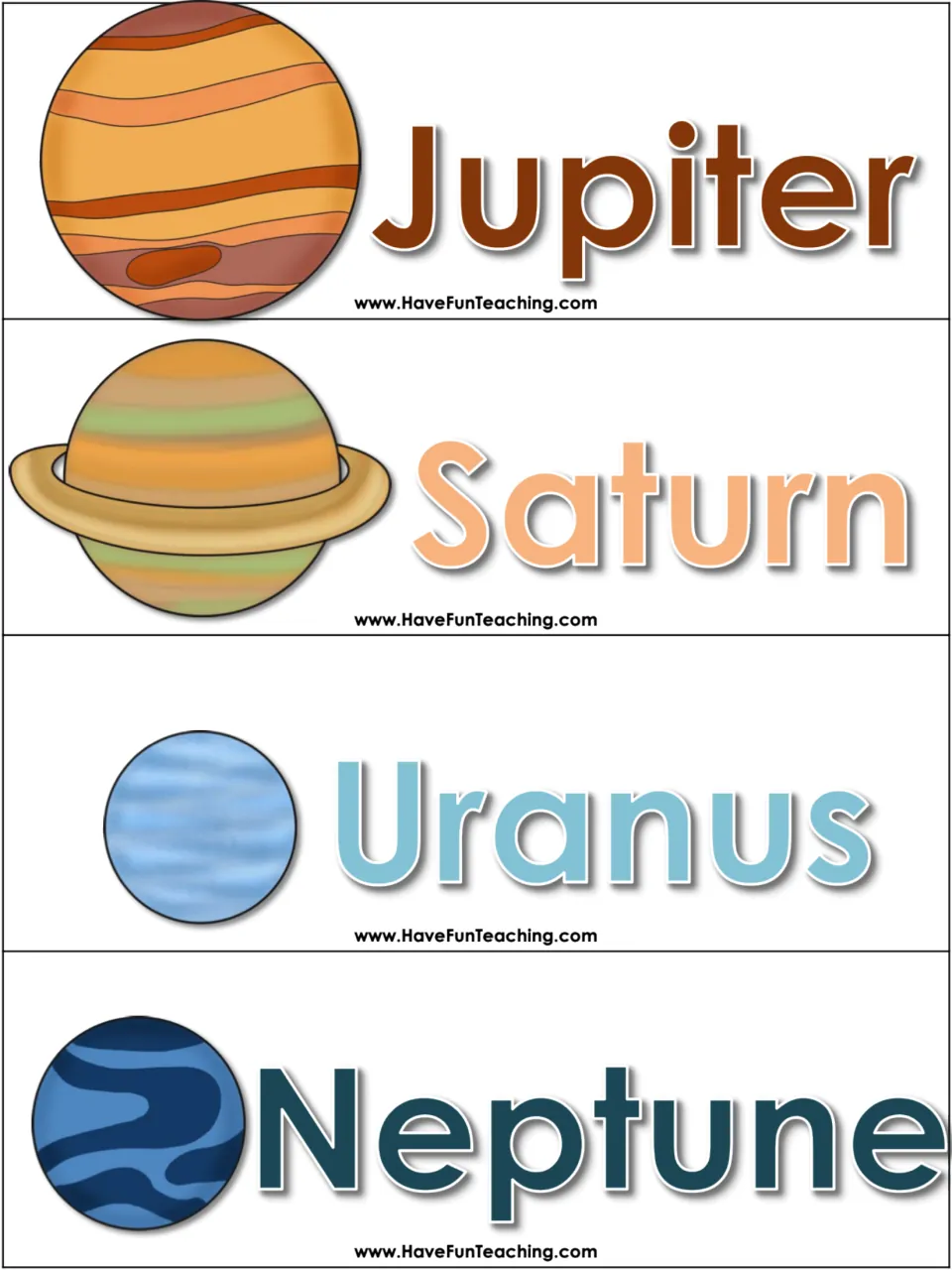 White-background planet cards for Jupiter, Saturn, Uranus and Neptune with pictures, low-ink set for outer-planet order