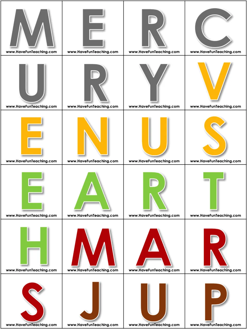 Low-ink letter cards, cut-out pieces spelling MERCURY, VENUS, EARTH, MARS and J U P on white for planet spelling