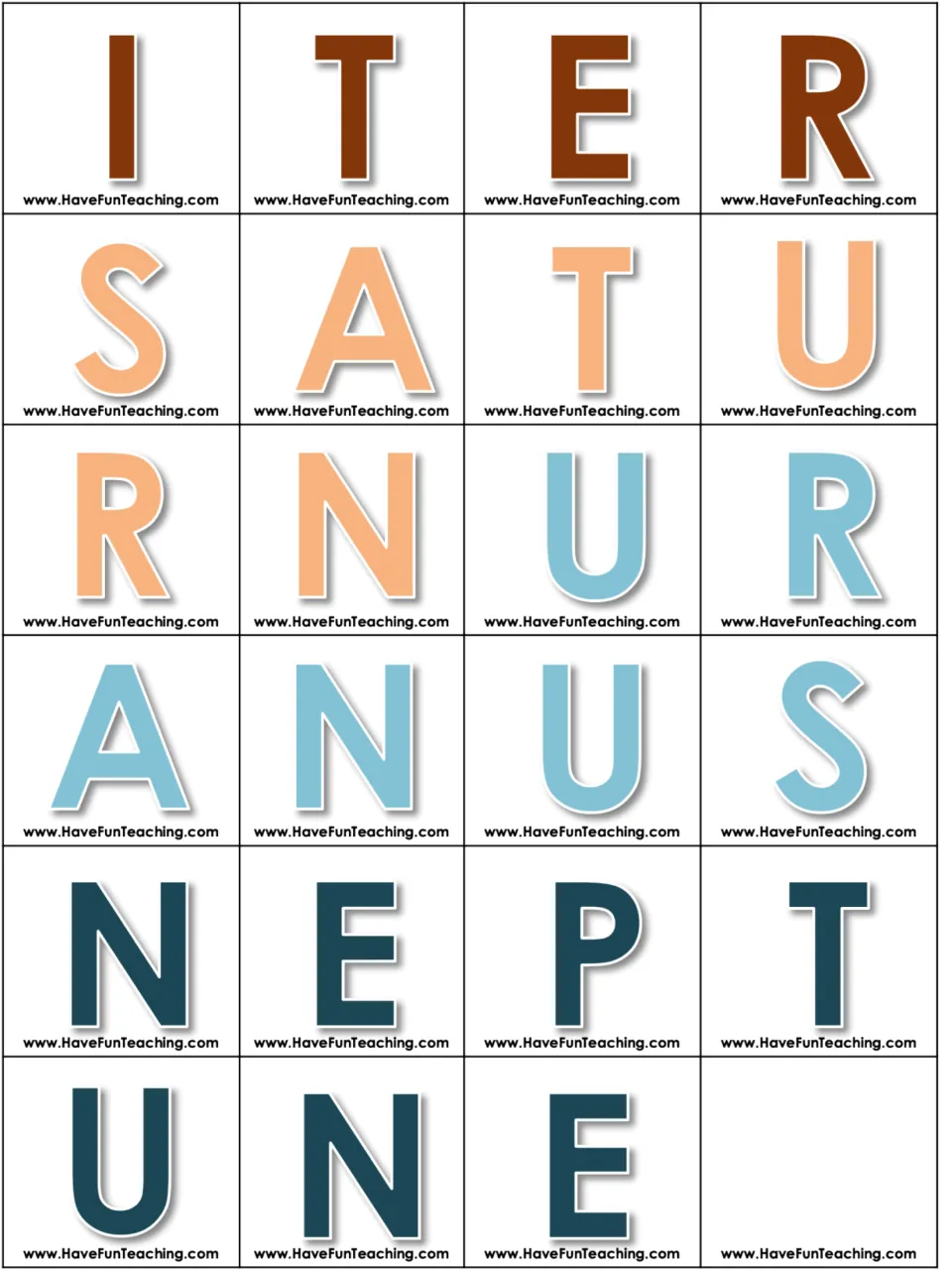 White-background letter cards, cut-out pieces finishing JUPITER and spelling SATURN, URANUS and NEPTUNE, low-ink version