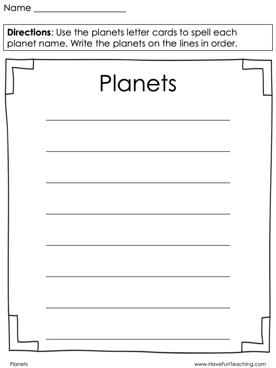 Planets worksheet: students spell each planet with the letter cards, then write all eight planet names in order