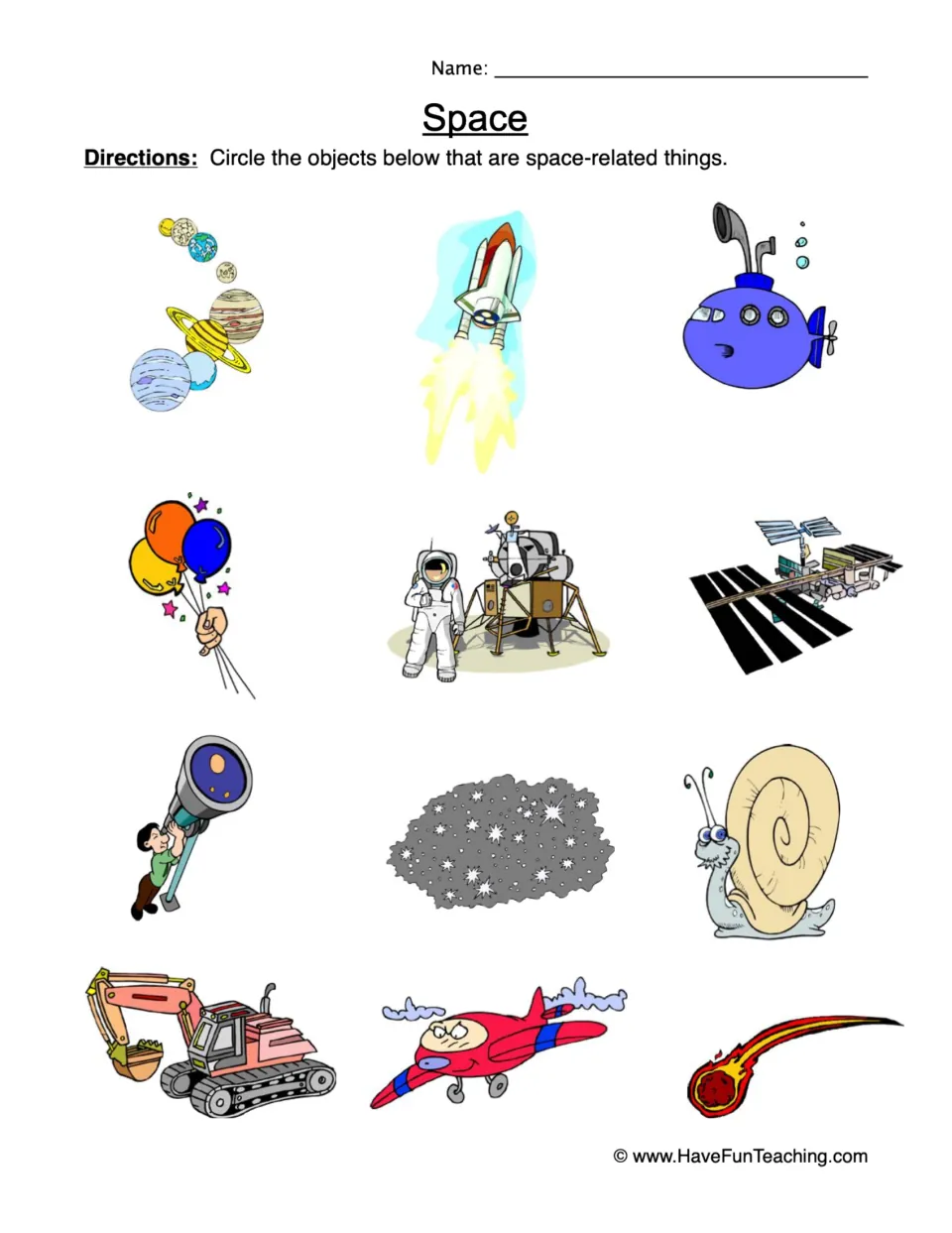 Space sorting worksheet: circle space-related objects among 12 pictures, including planets and a shuttle.