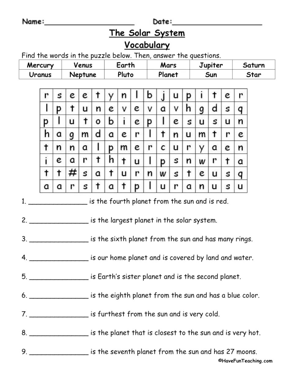 Solar system vocabulary practice: a 12-word search and nine planet clues, including Mars, Venus, and Pluto