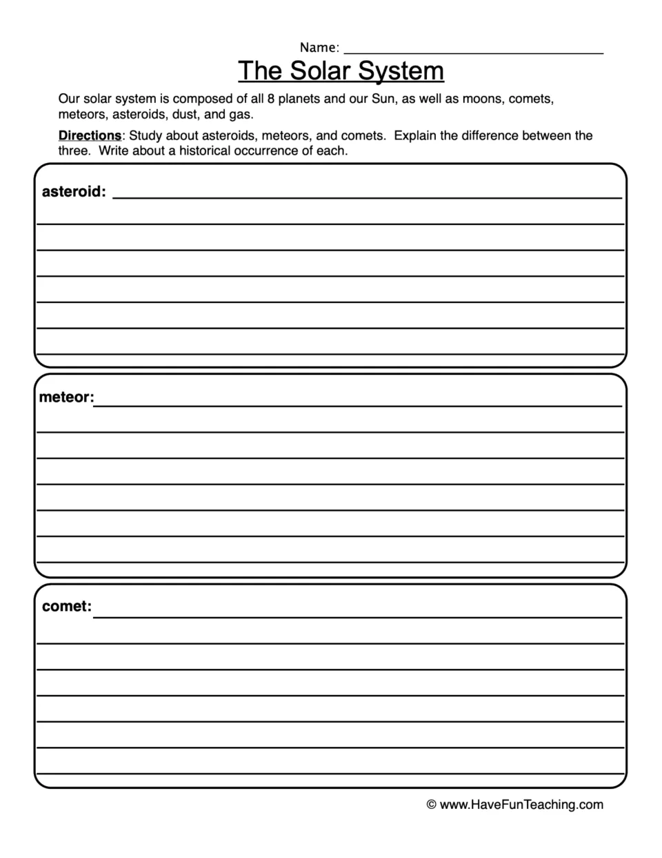 Research worksheet comparing asteroids, meteors, and comets, with a historical occurrence for each.