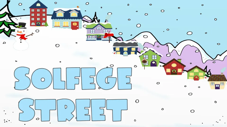 Solfege Street cover slide showing eight houses along a snowy hill for the music game's neighborhood story