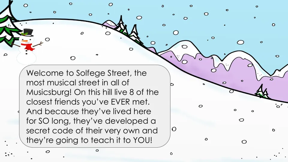 Story introduction slide welcoming students to Musicsburg, where eight friends share a secret musical code