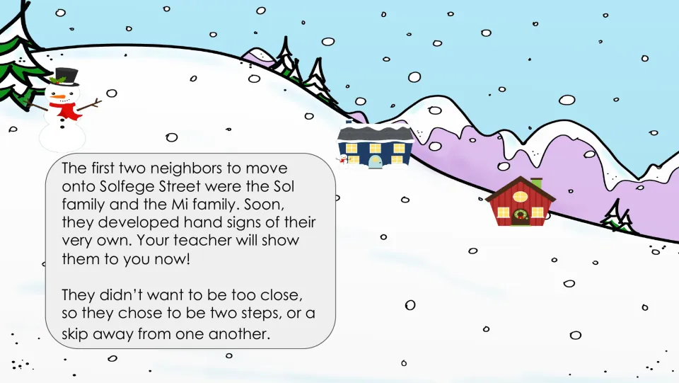 Story slide introducing the Sol and Mi families, their hand signs, and their homes a musical skip apart