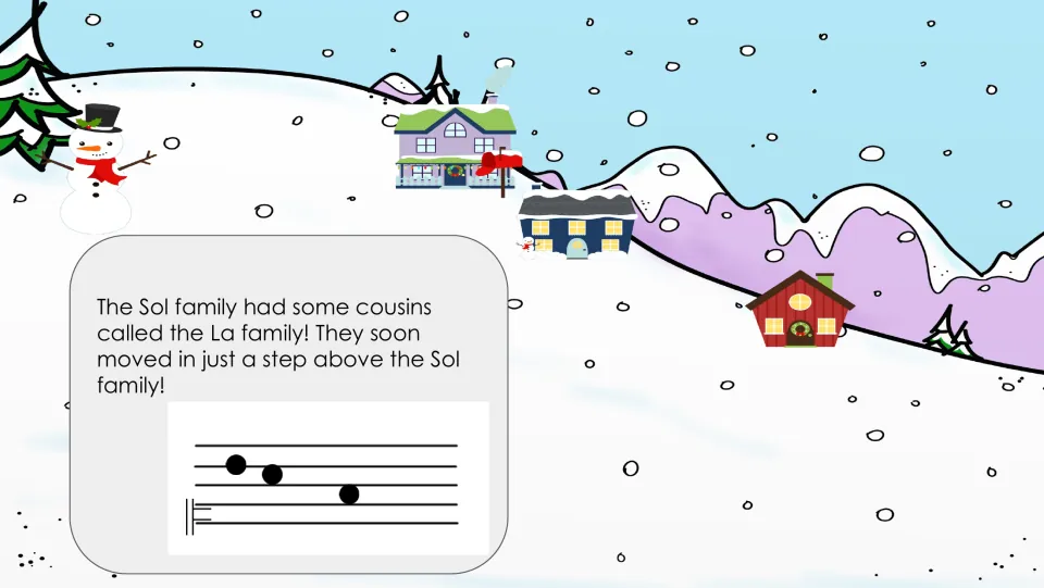 Story slide adding the La family one step above Sol, with staff notation showing la, sol, and mi pitches