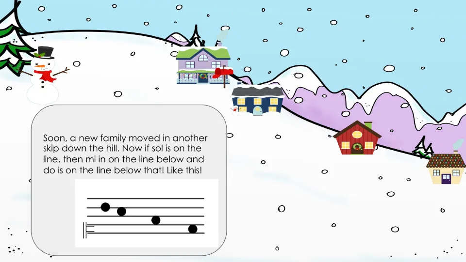 Story slide adding do a skip below mi, with staff notation showing the four pitches la, sol, mi, and do