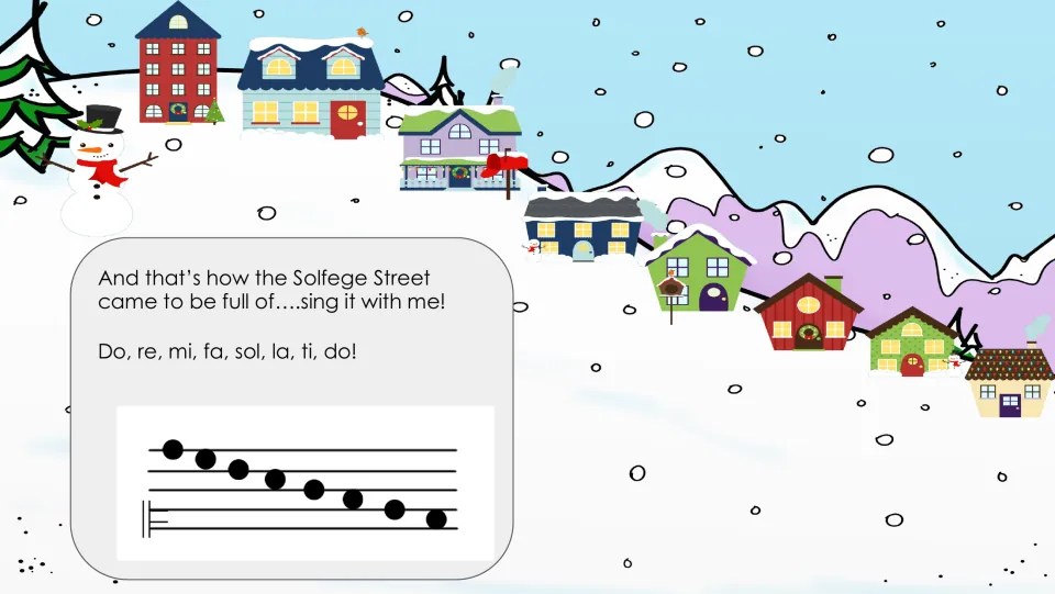 Closing story slide inviting students to sing do, re, mi, fa, sol, la, ti, do, with eight descending notes