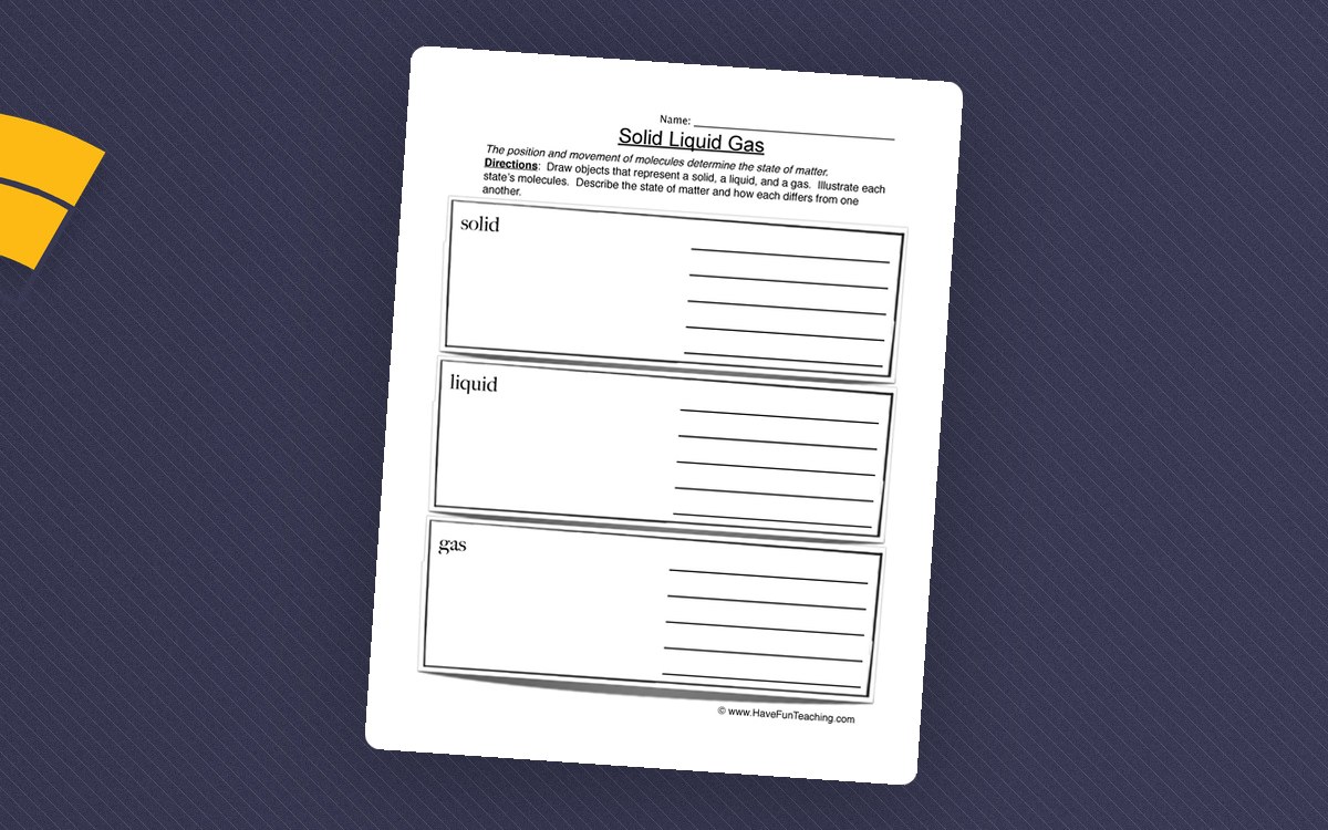 Solid, Liquid, Gas worksheet with three lined boxes for describing and illustrating each state of matter.