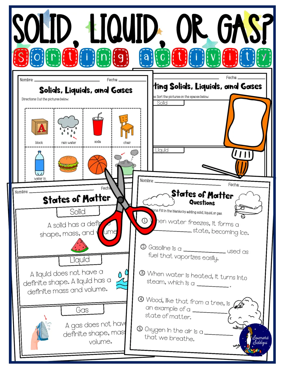 Solid, liquid, or gas sorting activity cover previewing the picture cards, sorting mat, definitions and fill-in questions
