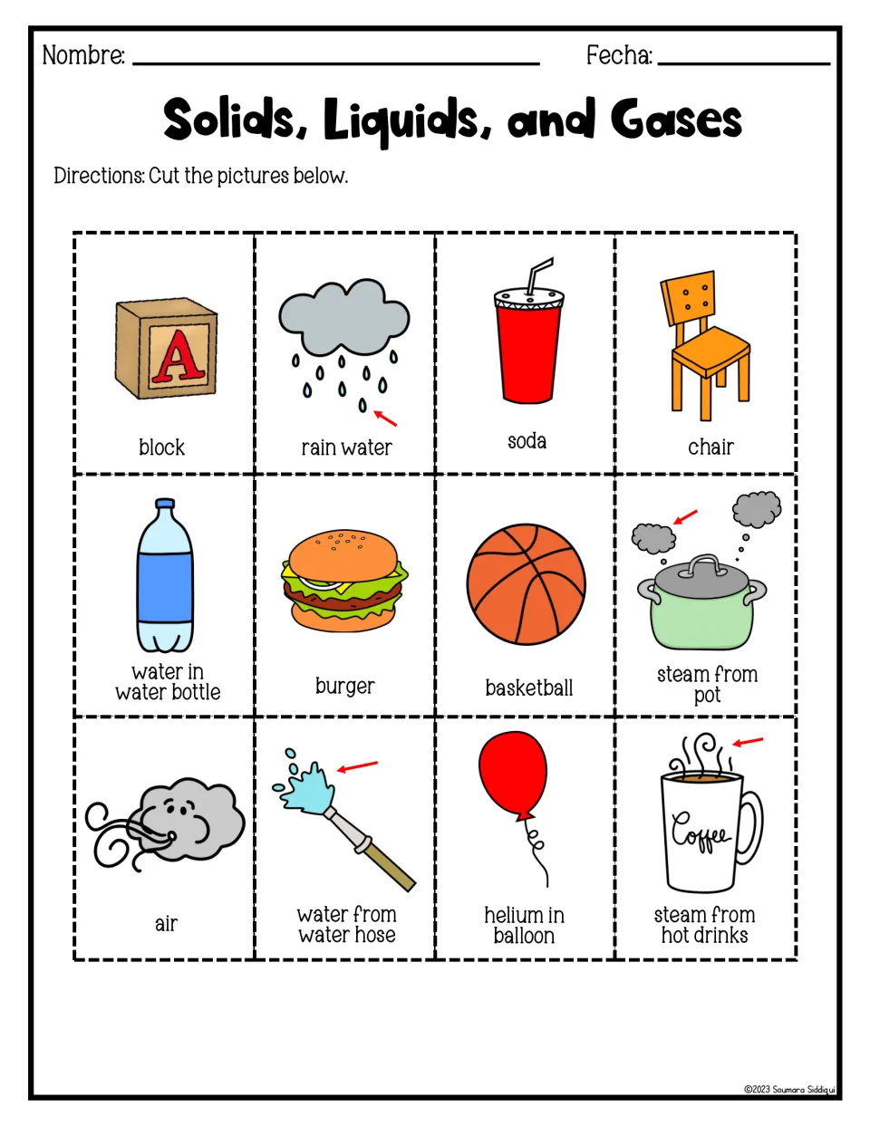 Solids, liquids and gases picture cards: students cut out 12 labelled items such as block, soda, steam and helium balloon