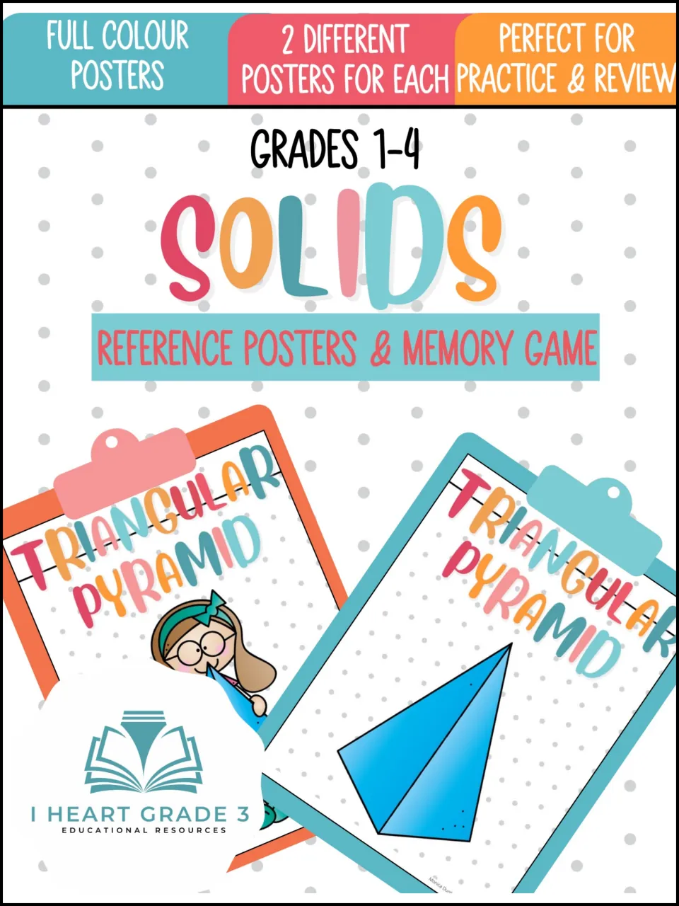 Cover of the solids reference poster and memory game resource for grades 1–4, showing two poster versions