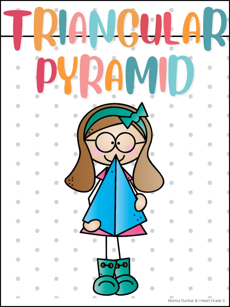 Triangular pyramid reference poster featuring a child holding a blue solid beneath the shape's name