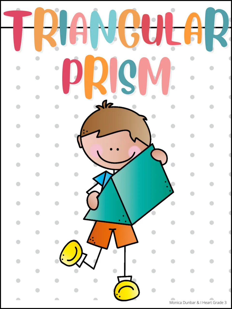 Triangular prism reference poster featuring a child holding a green solid beneath the shape's name