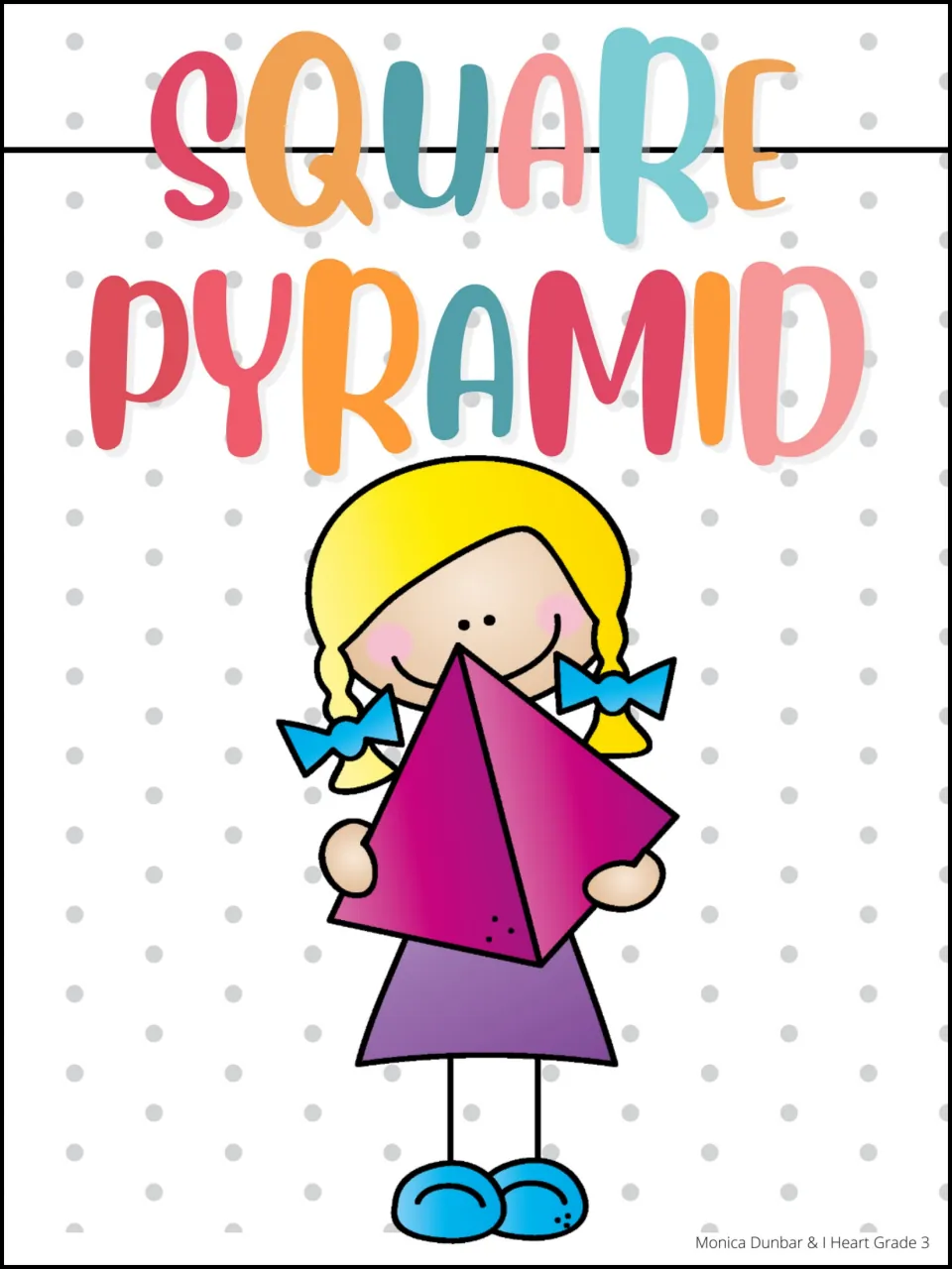 Square pyramid reference poster featuring a child holding a magenta solid beneath the shape's name