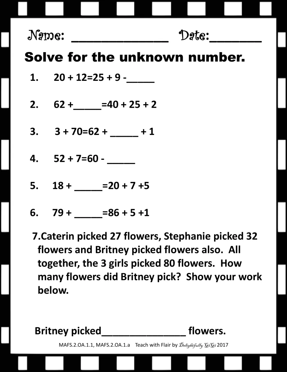 Balanced equations: students fill the missing number in 6 equations like 52 + 7 = 60 - __, then solve a flower word problem