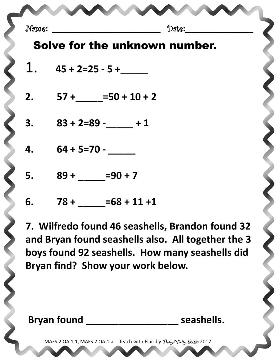 Missing-number equations: students complete 6 items like 64 + 5 = 70 - __, then find how many of 92 seashells Bryan found