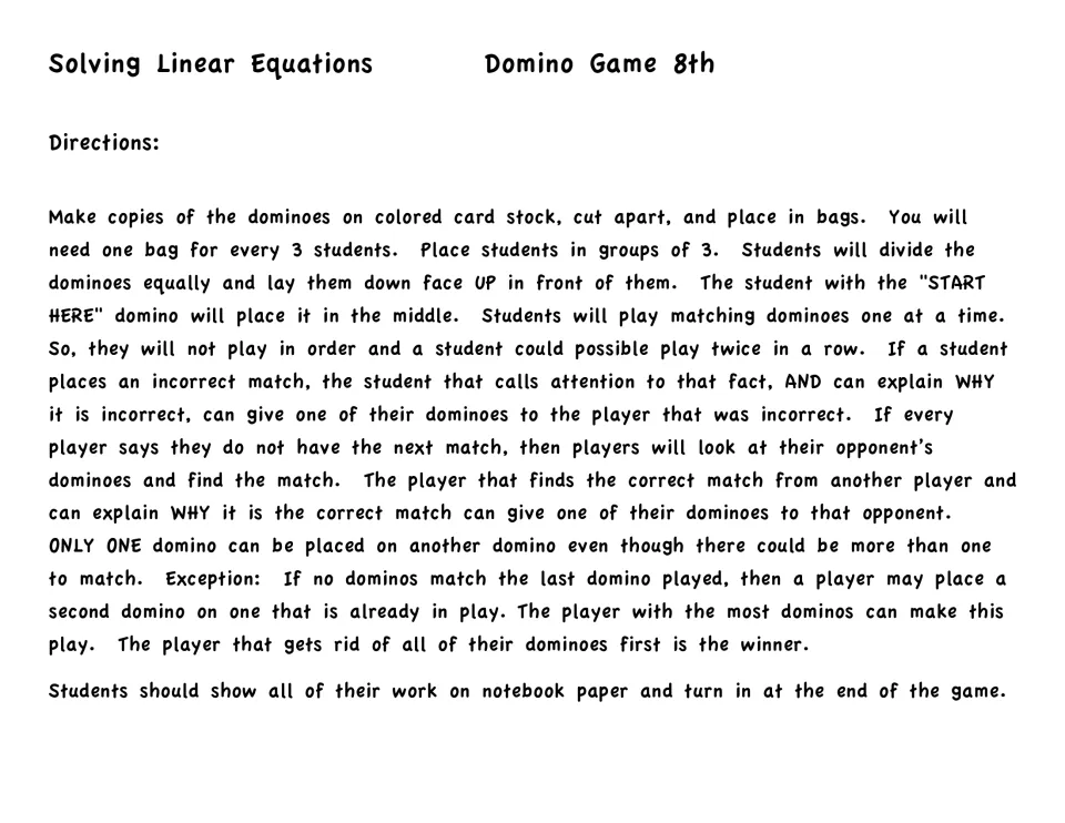 Directions for the linear equations domino game: groups of three match dominoes and show work on notebook paper.